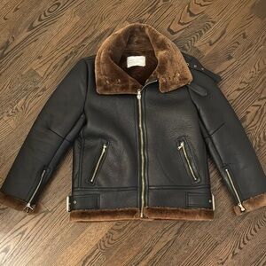 Zara Black and Brown Fur Lined Moto Jacket